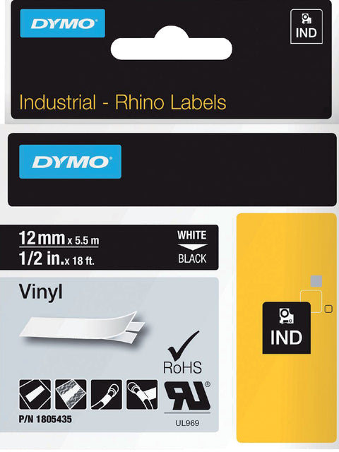 Etikett Tape Dymo Rhino 18054 Vinyl 12mmx5,5 m Weiß auf Schwarz