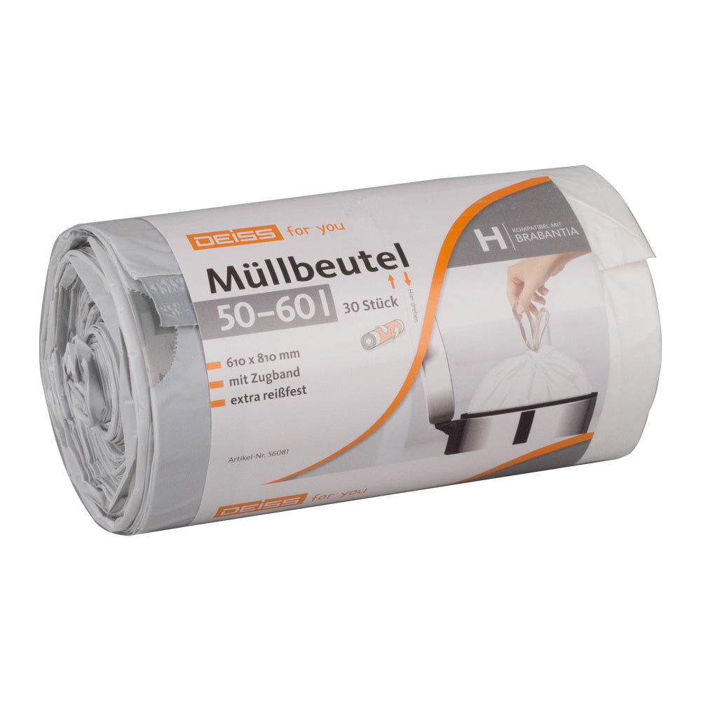 Klika - Abfallbeutel (PE) Weiß 61 x 81 cm 28 Mikron 50-60 Liter Drawess (Brabantia Code H) | 2 Stücke